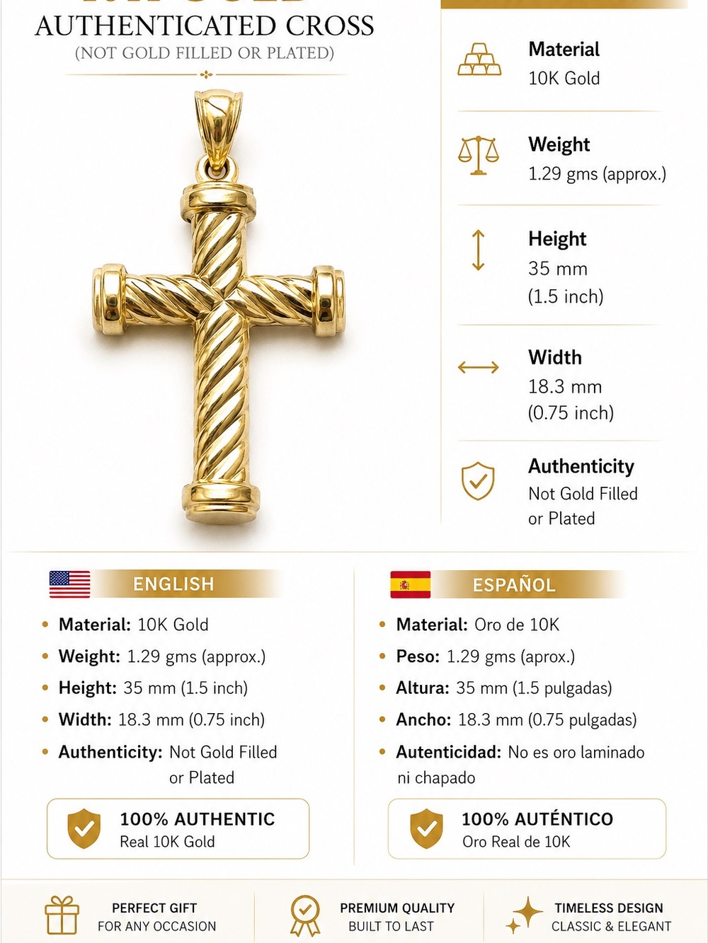 10K Gold Twisted Rope Cross Pendant - Yellow Gold